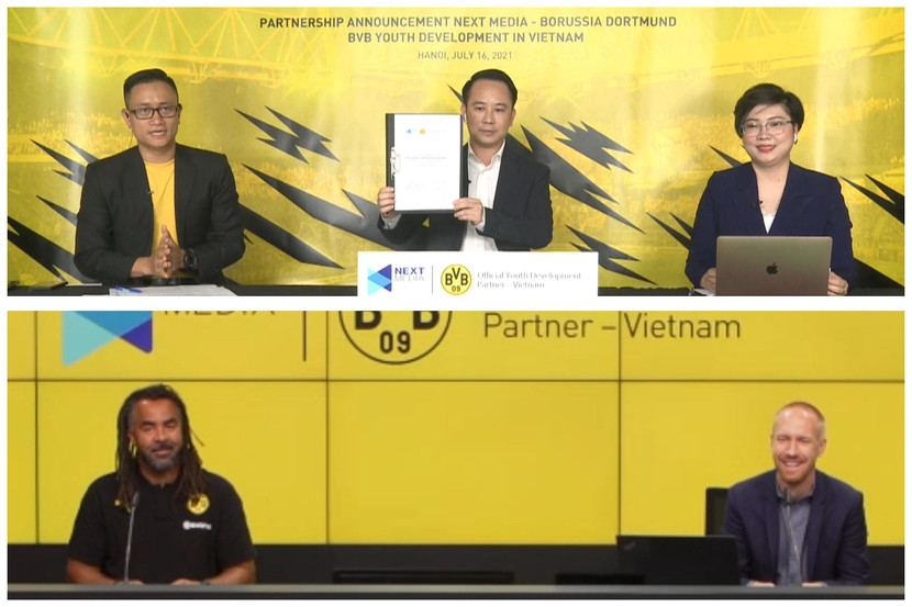 Đại diện Next Media và Borussia Dortmund tại lễ ký kết hợp tác trực tuyến chiều 16-7 Đại diện Next Media và Borussia Dortmund tại lễ ký kết hợp tác trực tuyến chiều 16-7