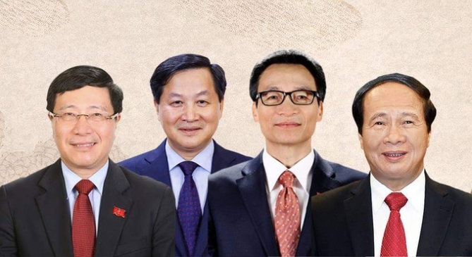 Các Phó Thủ tướng Chính phủ nhiệm kỳ 2021-2026 (từ trái qua): Phạm Bình Minh, Lê Minh Khái, Vũ Đức Đam, Lê Văn Thành