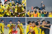 Cầu thủ SLNA phấn khích ăn mừng chức vô địch U19 quốc gia