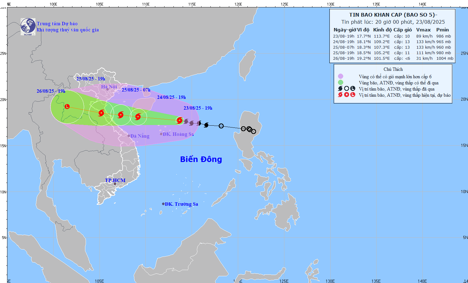 Vào 19h tối nay 23/8 bão số 5 đã mạnh cấp 10, giật cấp 12