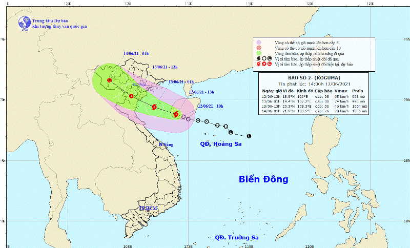 Bão số 2 với tên quốc tế Koguma được dự báo đổ bộ vào khu vực đồng bằng Bắc bộ trong sáng mai, 13/6