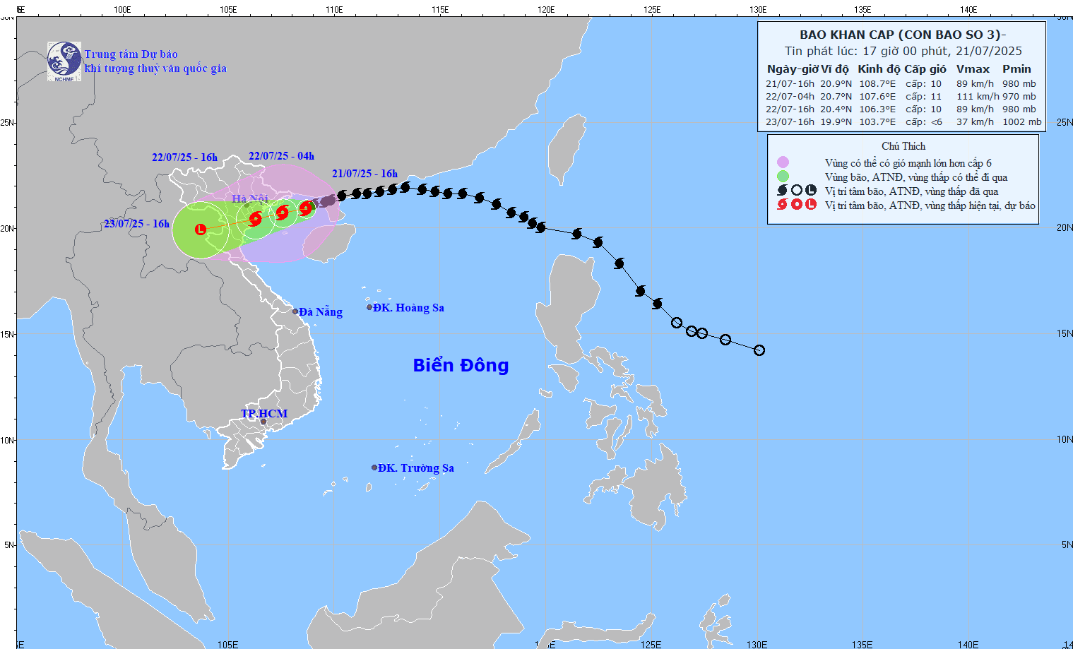 Bão số 3. đang tiến sát đất liền với cường độ mạnh cấp 9-10, giật cấp 13
