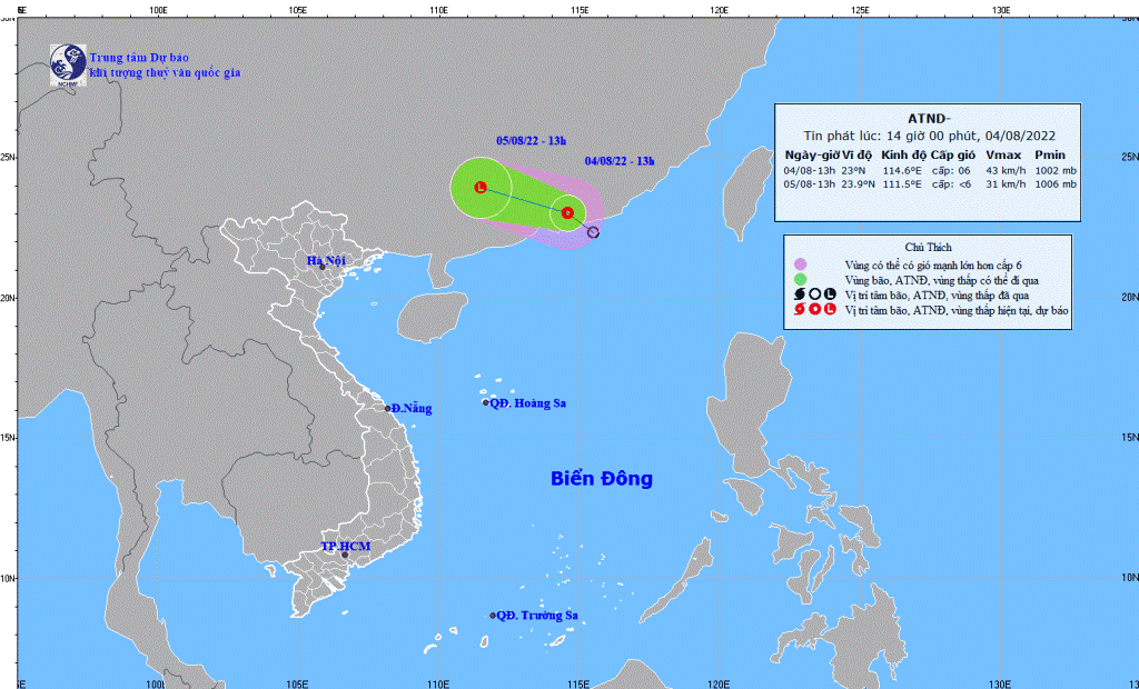 Áp thấp nhiệt đới đã đi vào tỉnh Quảng Đông, Trung Quốc vào chiều nay, 4/8