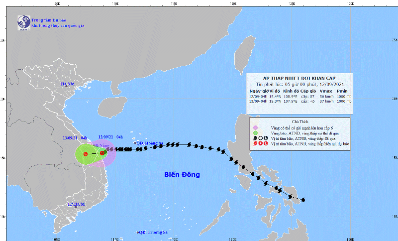 Bão số 5 (Conson) đã suy yếu thành áp thấp nhiệt đới, áp sát bờ biển Đà Nẵng- Bình Định nhưng chưa đổ bộ vào đất liền