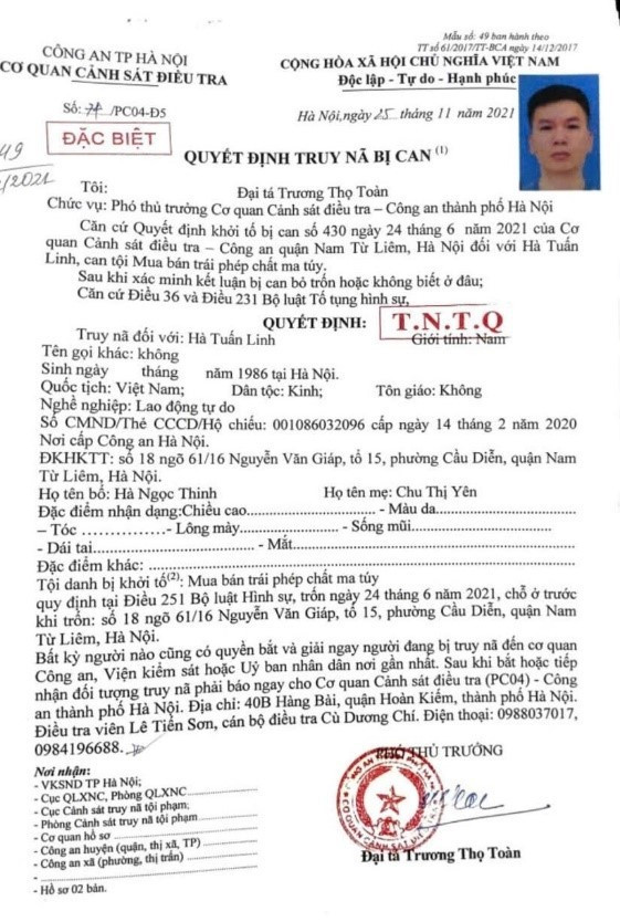 Quyết định truy nã đối tượng Hà Tuấn Linh