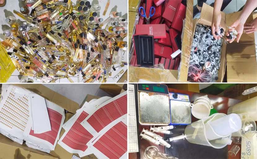 Các loại vật tư, phương tiện các đối tượng sử dụng để sản xuất, sang chiết nước hoa giả.