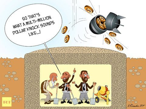 Và tranh biếm họa: Các nhà khoa học Iran: "Tiếng rơi của hàng triệu USD nghe như vậy đấy"