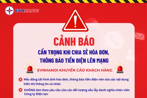 EVNHANOI khuyến cáo cẩn trọng khi chia sẻ hóa đơn, thông báo tiền điện lên mạng