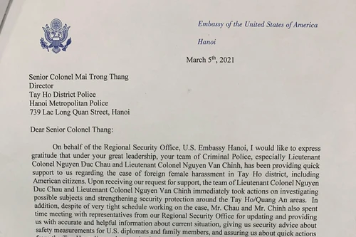 Tùy viên an ninh Đại sứ quán Hoa kỳ tại Hà Nội gửi thư cám ơn Công an quận Tây Hồ