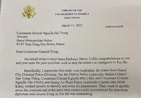 Đại sứ Hợp chủng quốc Hoa Kỳ cảm ơn Giám đốc Công an thành phố Hà Nội
