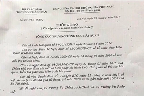 Mạo danh Tổng cục Hải quan thu tiền mua ô tô, xe máy thanh lý