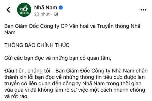 Công ty CP Văn hoá và Truyền thông Nhã Nam gửi lời xin lỗi bạn đọc “vì những thông tin tiêu cực lan truyền”