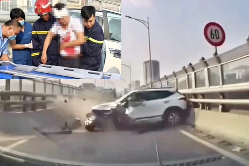 Giải cứu lái xe mắc kẹt trong ô tô sau cú tông vào lan can đường Vành đai 2 