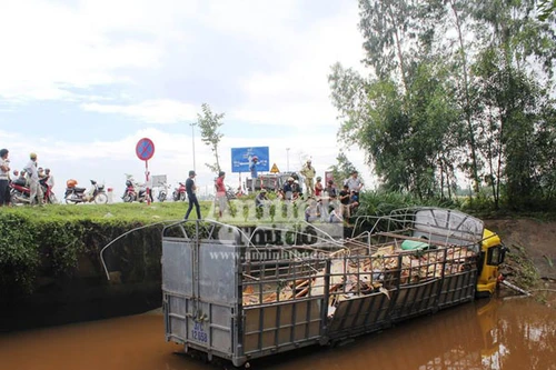 Tránh xe máy, xe tải chở gạch lao xuống kênh, 4 người bị thương