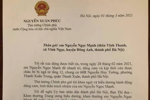 Thủ tướng có Thư khen, biểu dương anh Nguyễn Ngọc Mạnh dũng cảm cứu bé rơi từ tầng 12