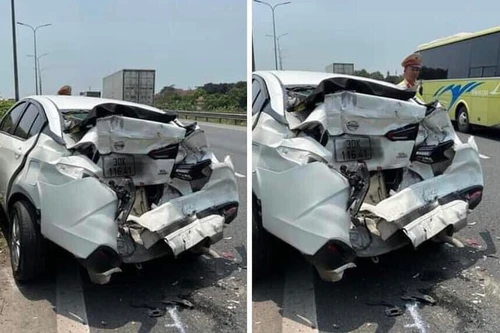 Đang chạy bỗng dừng đột ngột, xe ô tô con bị đâm bẹp rúm trên cao tốc