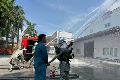 Khống chế đám cháy giả định, cứu người bị nạn tại nhà máy Công ty Cổ phần Tập đoàn Sunhouse
