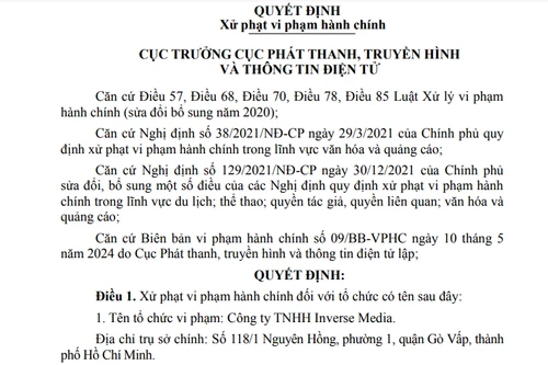 Xử phạt 15 triệu đồng công ty TNHH Inverse Media do vi phạm về quảng cáo