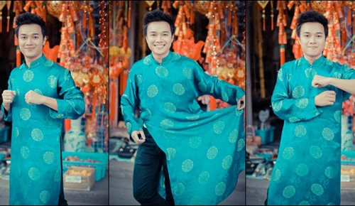 "Én đồng" Thành Trung diện áo dài xuống phố đón Xuân