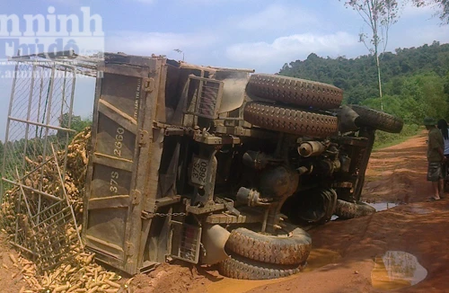 Tránh xe đạp, ô tô tải chở sắn "chổng vó" giữa đường