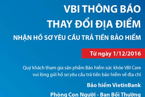 VBI chuyển địa điểm nhận hồ sơ yêu cầu trả tiền bảo hiểm