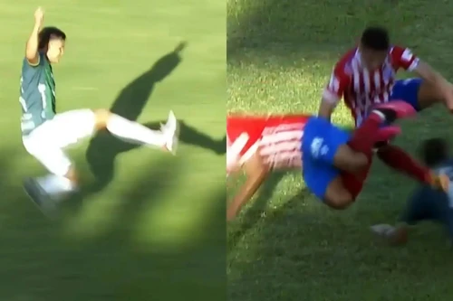 Kinh hoàng cú vào bóng triệt hạ 2 cầu thủ đối phương một lúc