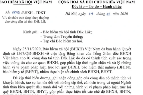 Ngăn chặn trục lợi bảo hiểm xã hội, một công dân được khen thưởng 10 triệu đồng
