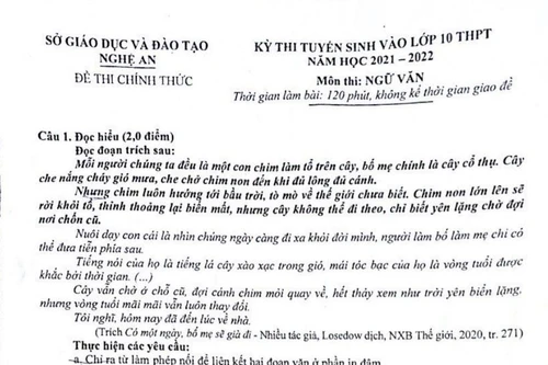 Gợi ý đáp án đề thi tuyển sinh vào lớp 10 môn Ngữ văn tỉnh Nghệ An năm 2021