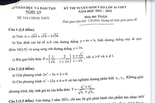 Gợi ý đáp án đề thi môn Toán vào lớp 10 của Nghệ An năm 2021