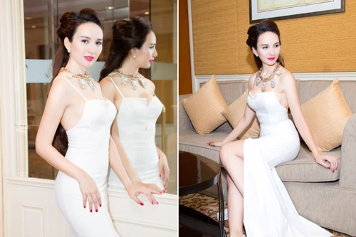 Hoa hậu Ngọc Diễm diện đầm hai dây, khoe vòng 1 đầy gợi cảm