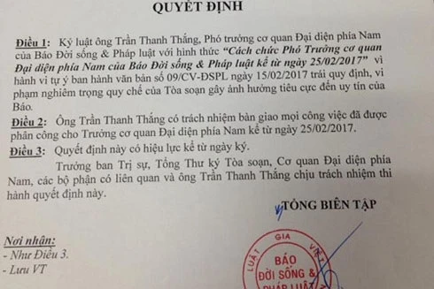 Báo Đời sống & Pháp luật cách chức Phó trưởng Cơ quan Đại diện phía Nam