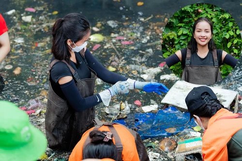 Hoa hậu Ngọc Châu đi gom nylon để tái chế, dọn rác ở kênh bẩn