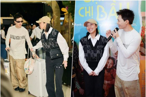 Anh Tú – Diệu Nhi hối hả kéo vali lên thảm đỏ họp báo phim tại Hà Nội