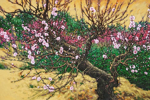 Sắc thắm hoa đào trong tác phẩm của họa sỹ Còm