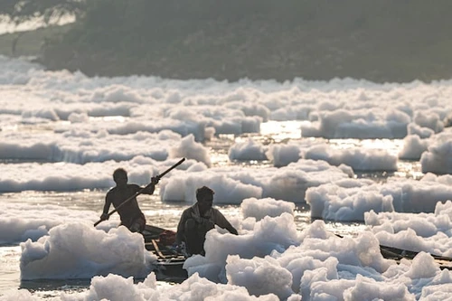 Sông linh thiêng sủi bọt độc hại trước lễ tắm Chhath Puja của người Ấn Độ