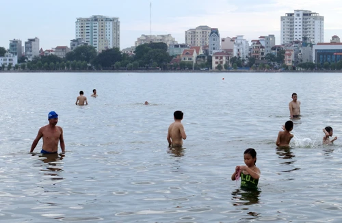 Biển cấm bơi ở hồ Tây đã bị phá