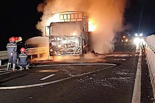 Xe tải bốc cháy ngùn ngụt trên cao tốc Vĩnh Hảo- Phan Thiết