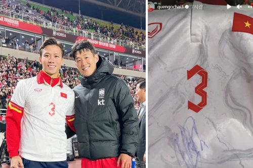 Quế Ngọc Hải khoe áo đấu có chữ ký của Son Heung-min