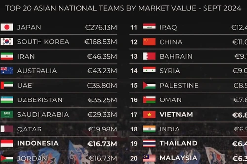 Bất ngờ giá trị tuyển Việt Nam trên bảng xếp hạng châu Á