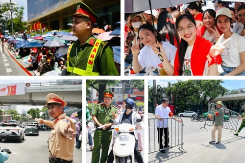 Chiến sỹ CATP Hà Nội đội nắng mưa đảm bảo an toàn, trật tự cho người dân xem hợp luyện diễu binh
