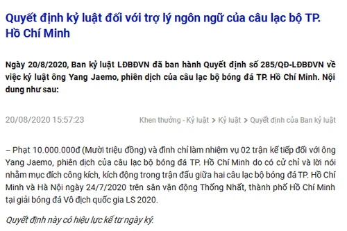 VFF 'ngâm' án phạt gần 1 tháng, không cho khiếu nại