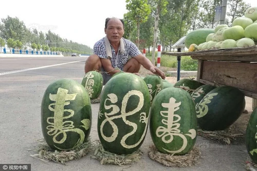 "Hốt bạc" nhờ khắc chữ thư pháp trên dưa hấu