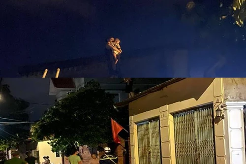 Kịp thời cứu 2 mẹ con gặp nguy hiểm trên nóc nhà 