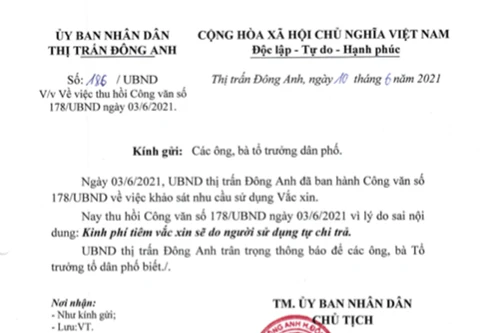 Thu hồi văn bản "kinh phí tiêm vắc xin sẽ do người dân tự chi trả" 