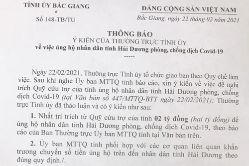 Bắc Giang hỗ trợ Hải Dương 2 tỷ đồng để chung tay phòng chống dịch Covid-19 