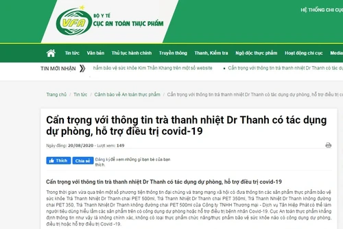 Tập đoàn Tân Hiệp Phát khẳng định thông tin “Trà Dr Thanh hỗ trợ điều trị Covid-19” là thất thiệt