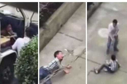 Phẫn nộ người cha Trung Quốc xích cổ con, kéo lê trên mặt đất