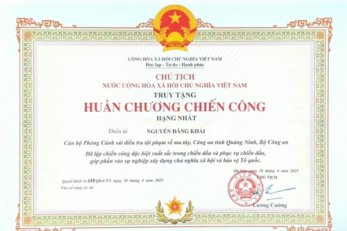 Chủ tịch nước truy tặng Huân chương Chiến công hạng Nhất cho Thiếu tá Nguyễn Đăng Khải