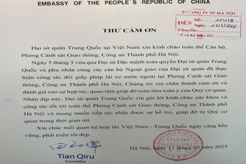 Đại sứ quán Trung Quốc gửi thư cảm ơn Phòng Cảnh sát giao thông Công an Hà Nội