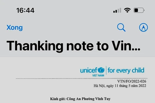 Trưởng đại diện Quỹ Nhi đồng Liên hợp quốc tại Việt Nam gửi thư cảm ơn Công an phường Vĩnh Tuy